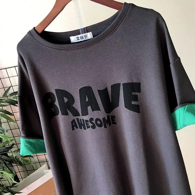 Summer New Contrast Patchwork Top T Shirt Round Neck Short Sleeve Plus Size Loose Pullovers Simplicity Casual Women Clothing