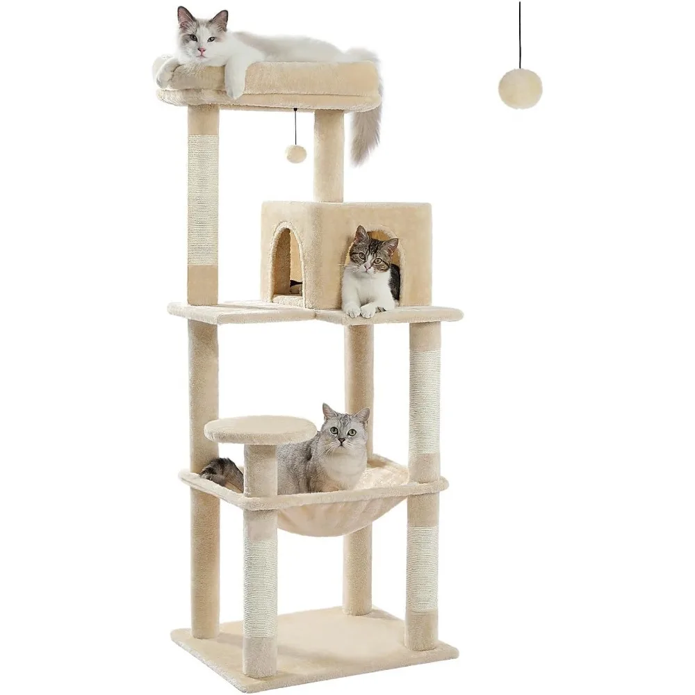 

Cat Tree for Large Cats Adult with Metal Plush Big Hammock, 56.3 Cat Tower with 2 Door Condo House, 6-Tier Cat Shelves with Scra