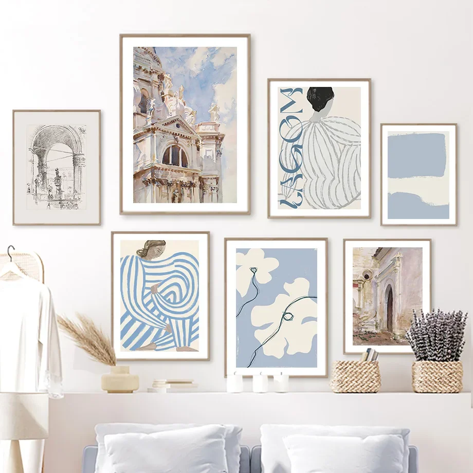 Light Blue Architecture Striped Girl Monet Line Wall Art Canvas Painting Posters And Prints Wall Pictures For Living Room Decor