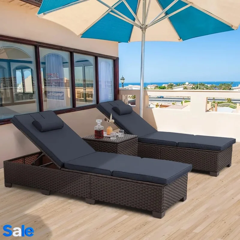

3-Piece Outdoor Wicker Chaise Lounge Set, Brown Rattan Recliners with Adjustable Backrest for Poolside or Patio