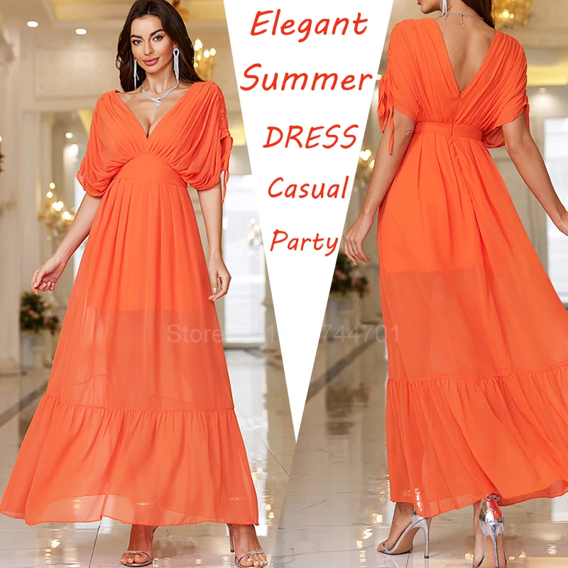 Orange Evening Wedding Party Dresses V-Neck Sexy Tulle Long Dress For Dancing Parties Prom Gown Summer Beach Vestidos L128