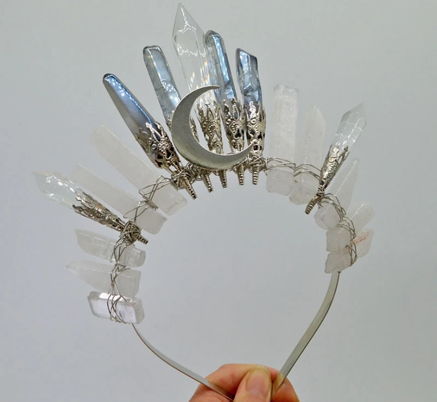 Tiara Crystal Crown Headband Raw Quartz Hair Band Witch Costume Halloween Cosplay Party Bride Wedding Headpiece