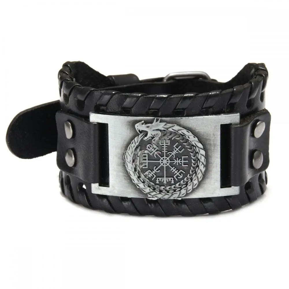 New Vintage Ouroboros Viking Compass Wide Edition Leather Bracelet Charm Men's Bracelet Fashion Hip Hop Punk Jewelry Accessories