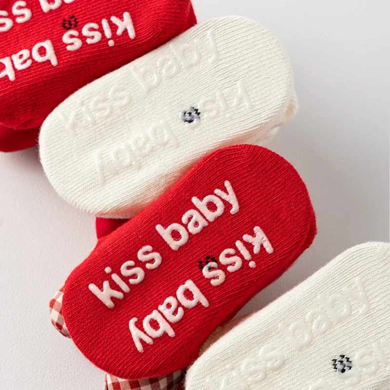 Baby Red Christmas Socks Bow Toddler Boat Socks Solid Cotton Short Sock 0-3Year Kids Rubber Bottom Anti-slip Floor Sock New Year