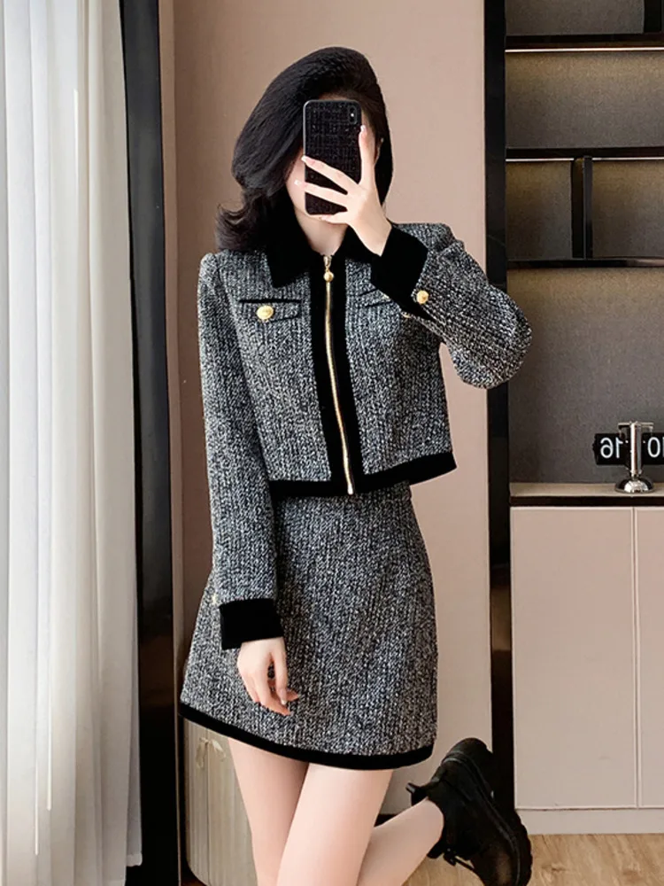 High Quality Fashion Casual Tweed 2 Piece Sets Women Outfit Thicker Jacket Coat + Skirt Suits Elegant Ladies Conjuntos Cortos