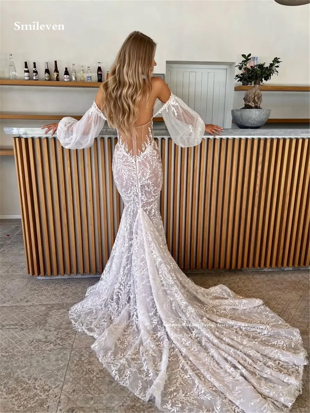 Smileven Lace Mermaid Wedding Dress Sweetheart Neck Puff sleeve Bride Dresses Appliqued Lace Vestido de novia Customized