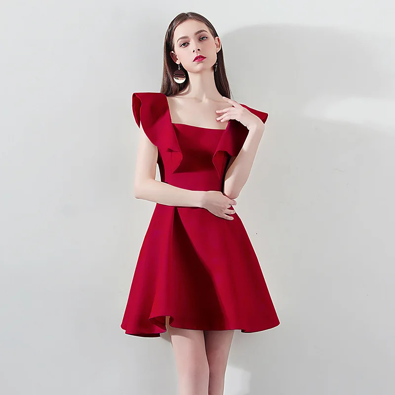 Very Elegant Square Neck French Style Gown Woman Short Knee Length Wedding Guest Dress Ladies Ruffle Sleeve Birthday Robe Solid