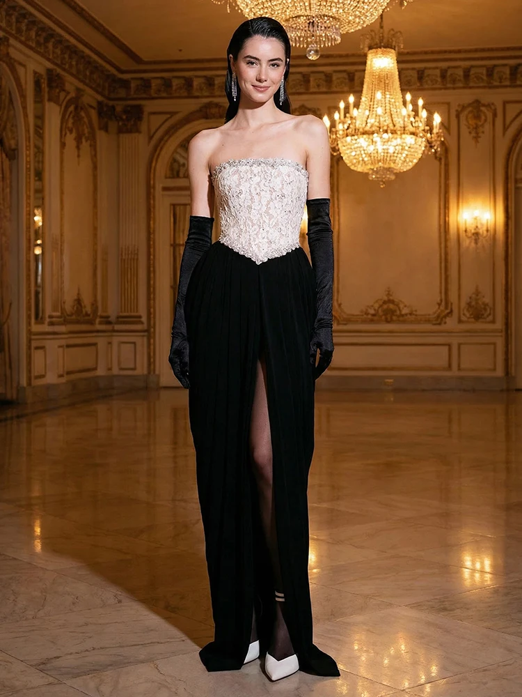 

Color Block Contrast Off-shoulder Long Dress – Lace Corset High Waist Backless Lace-up Evening Dresses Elegant Formal Party Gown