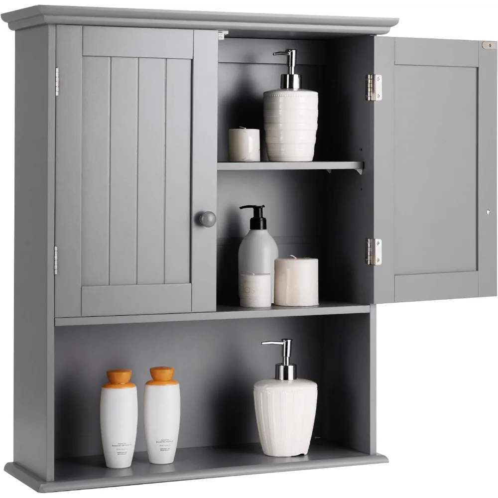 

Wall Mounted Bathroom Cabinet, Over The Toilet Storage Cabinet w/Double Doors & Adjustable Shelf, Wood Hanging Medicine