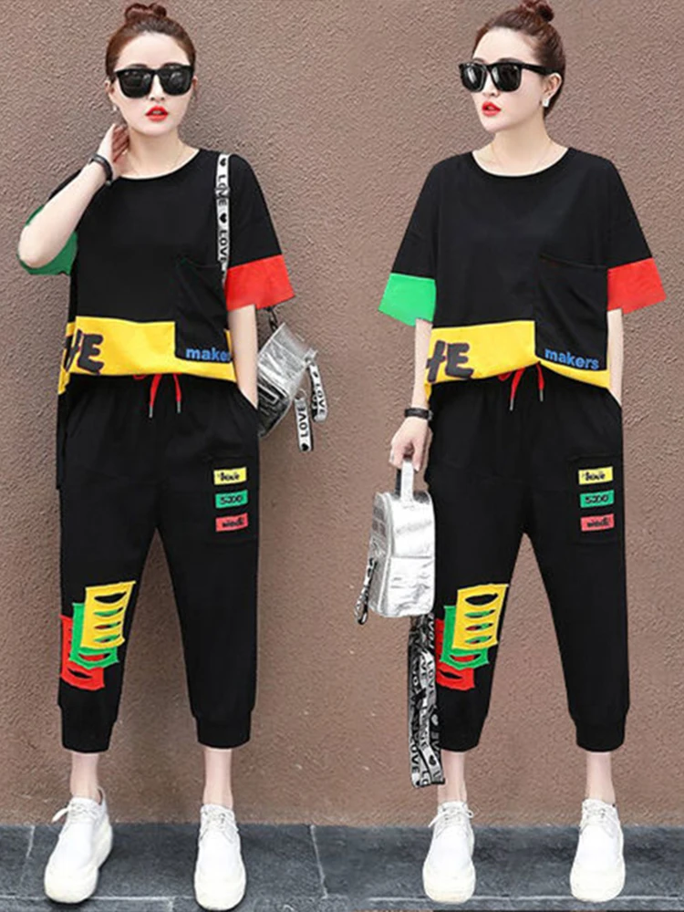 Max LuLu 2021 Summer Fashion Women Contrast Color Casual Two Pieces Sets Girl Short Sleeve Tops And Drawstring Loose Harem Pants