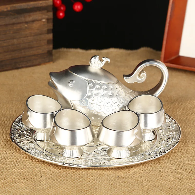 

Chinese Metal Electroplating Small Fish Tea Set Set 1 Tray 1 Pot 4 Cups European Tea Cup Household Portable Retro Style Teapot