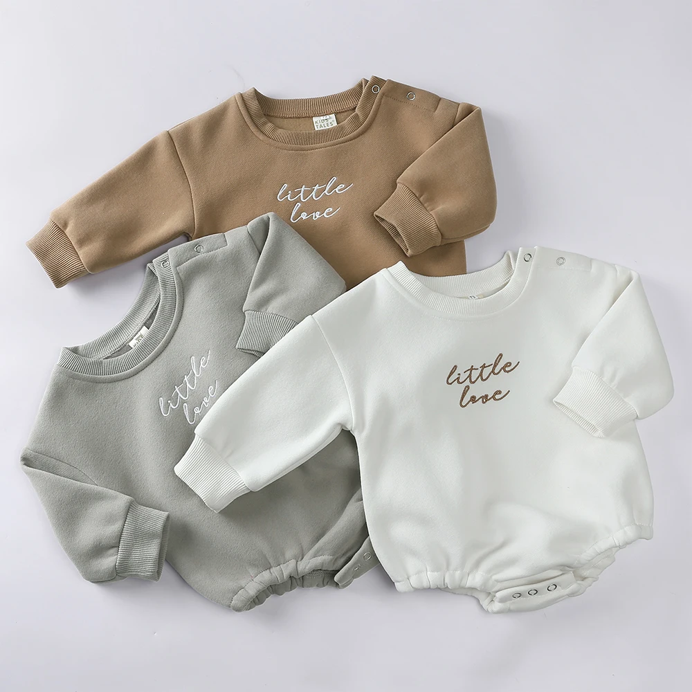 2026 Neugeborenen Baby Strampler Baby Mädchen Jungen Stickerei Kleidung Dicke Säuglingsspielanzug Solide Baumwolle Langarm für 3 M-24 M – Detail 3