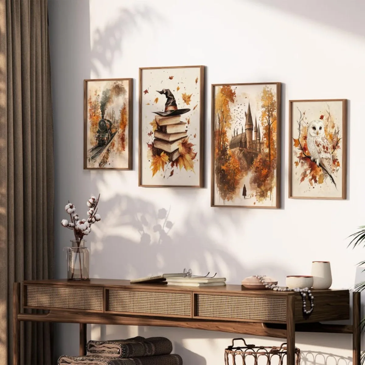 4 قطعة/المجموعة الخريف يترك قماش يطبع المشارك الرجعية ماجيك كتاب البومة قطار جماليات الفن يطبع غرفة نوم الخريف ديكور المنزل ملصق فني