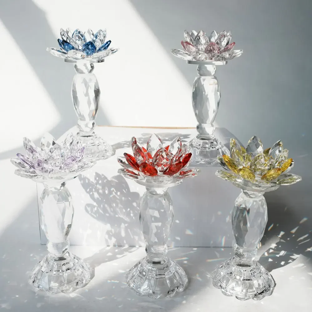 Luxury Crystal Lotus Candlestick Holder Colorful Crystal Flower Candle Stand Decor Desktop Candle Holder for Home & Wedding Gift