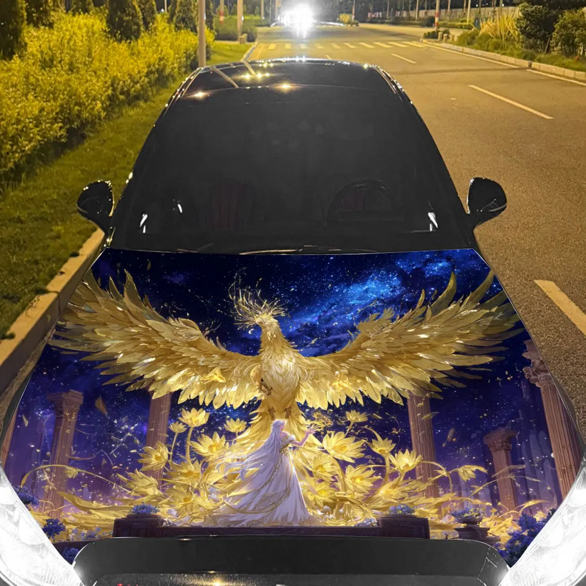 Golden Phoenix and Girl Under Starry Dome Car Vinyl Wrap, PVC Material Waterproof Car Hood Sticker, Self-Adhesive Scratch-Resist