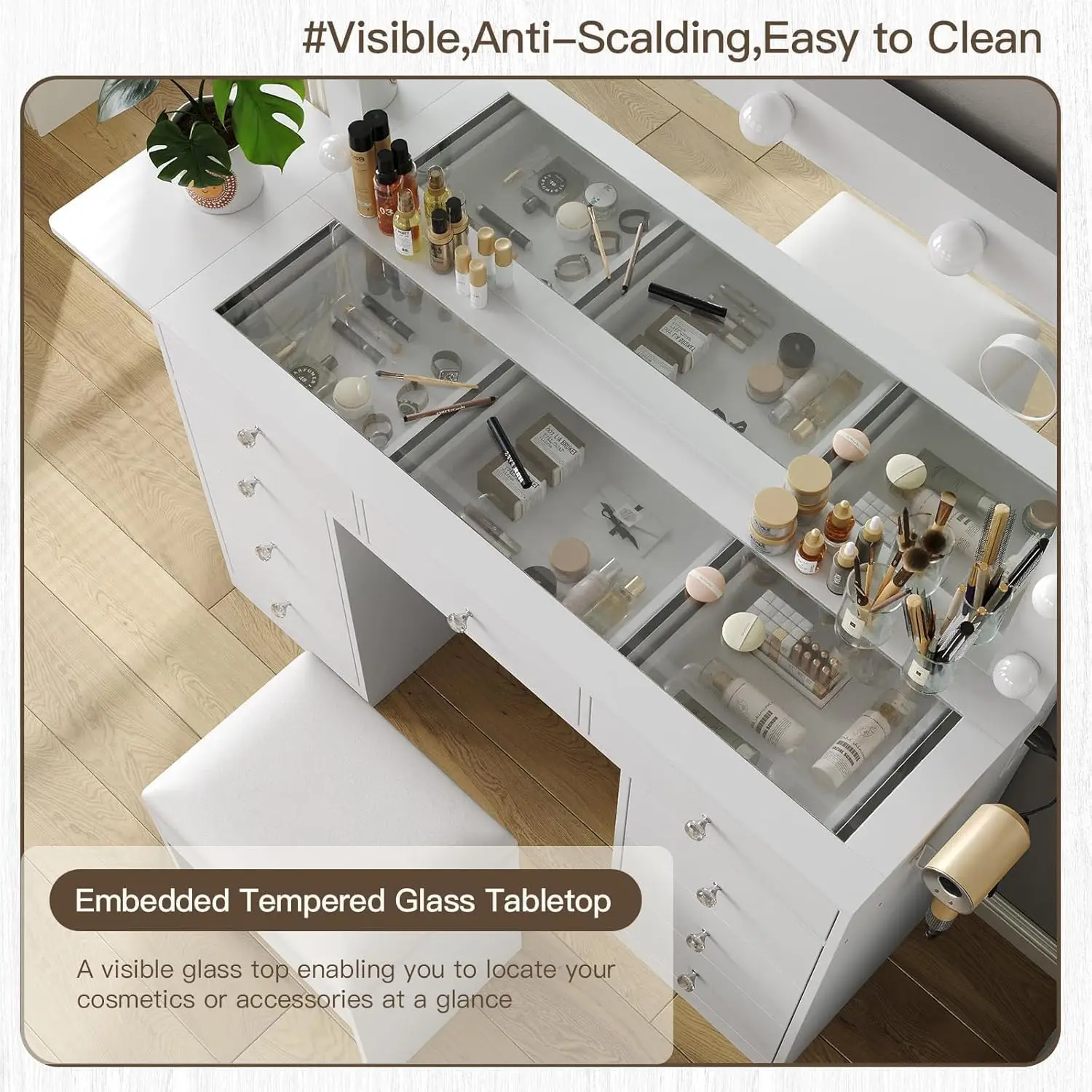 Vanity Desk with Power Outlet, 9 Drawers Makeup Vanity with Mirror and 12 LED Lights, 3 Lighting Modes, Glass Top Vanity Set image 4