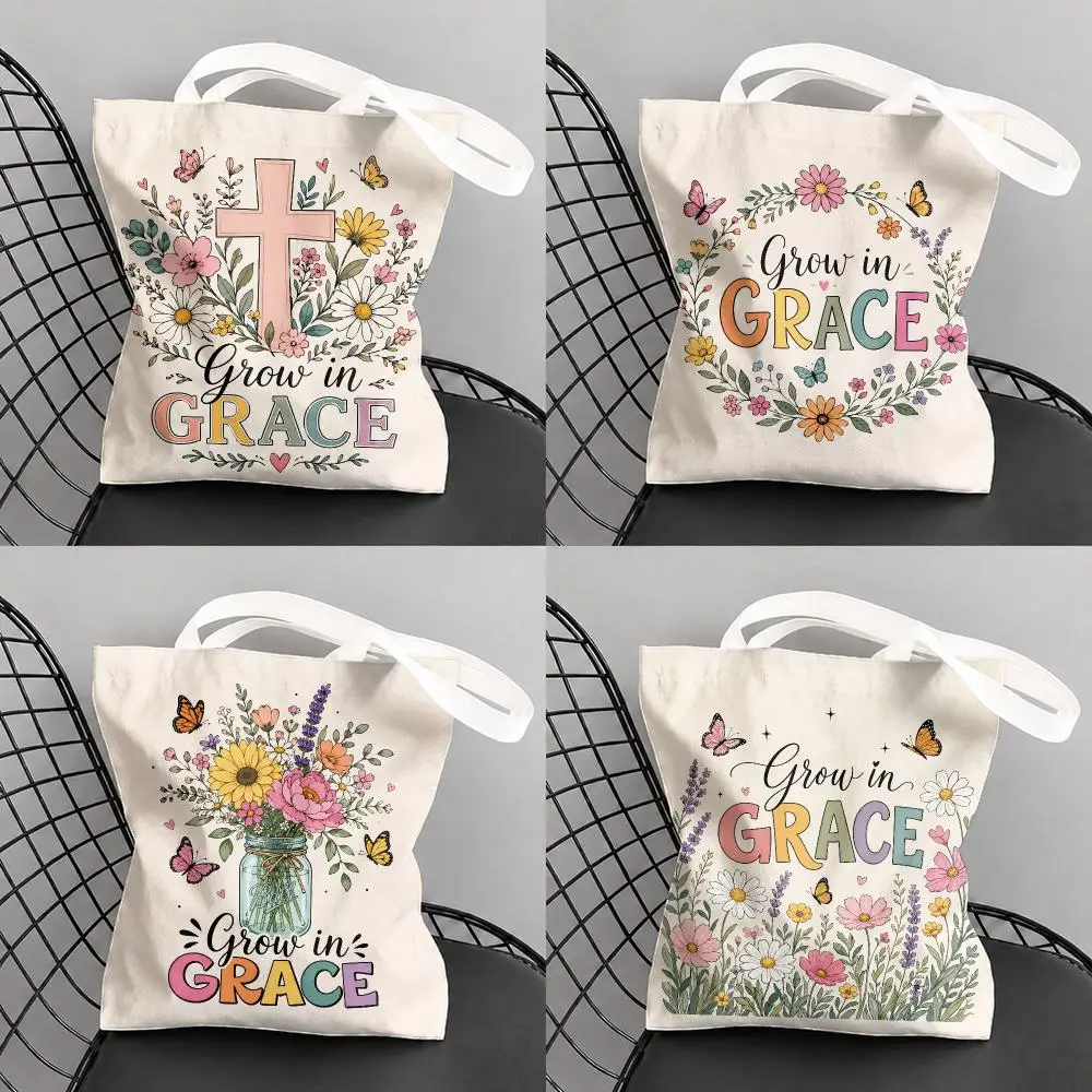 Retro Bible Verse Storage Bags Large Capacity Canvas Tote Bag Double-Sided Print Shoulder Handbag for Daily Shopping