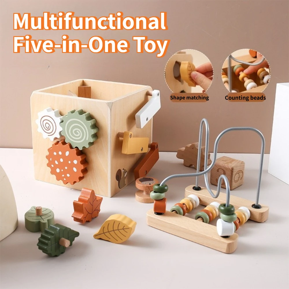 Wooden 5 in 1 Round Bead Toy Multi functional Early Educational Cognitive Toy Learning Toy Birthday and Holiday Gift