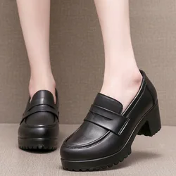 6cm Small Size 32-43 Vintage Cowhide Leather Loafers Women Platform Pumps 2026 Block Med Heels Shoes for Office Mom Work Daily