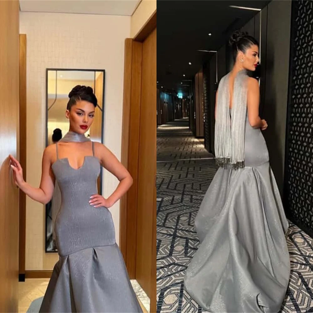 Customized Exquisite silver Satin Evening Dress Delicate Strapless Spaghetti Straps Cocktail Dress Modern Special Occasion Gowns