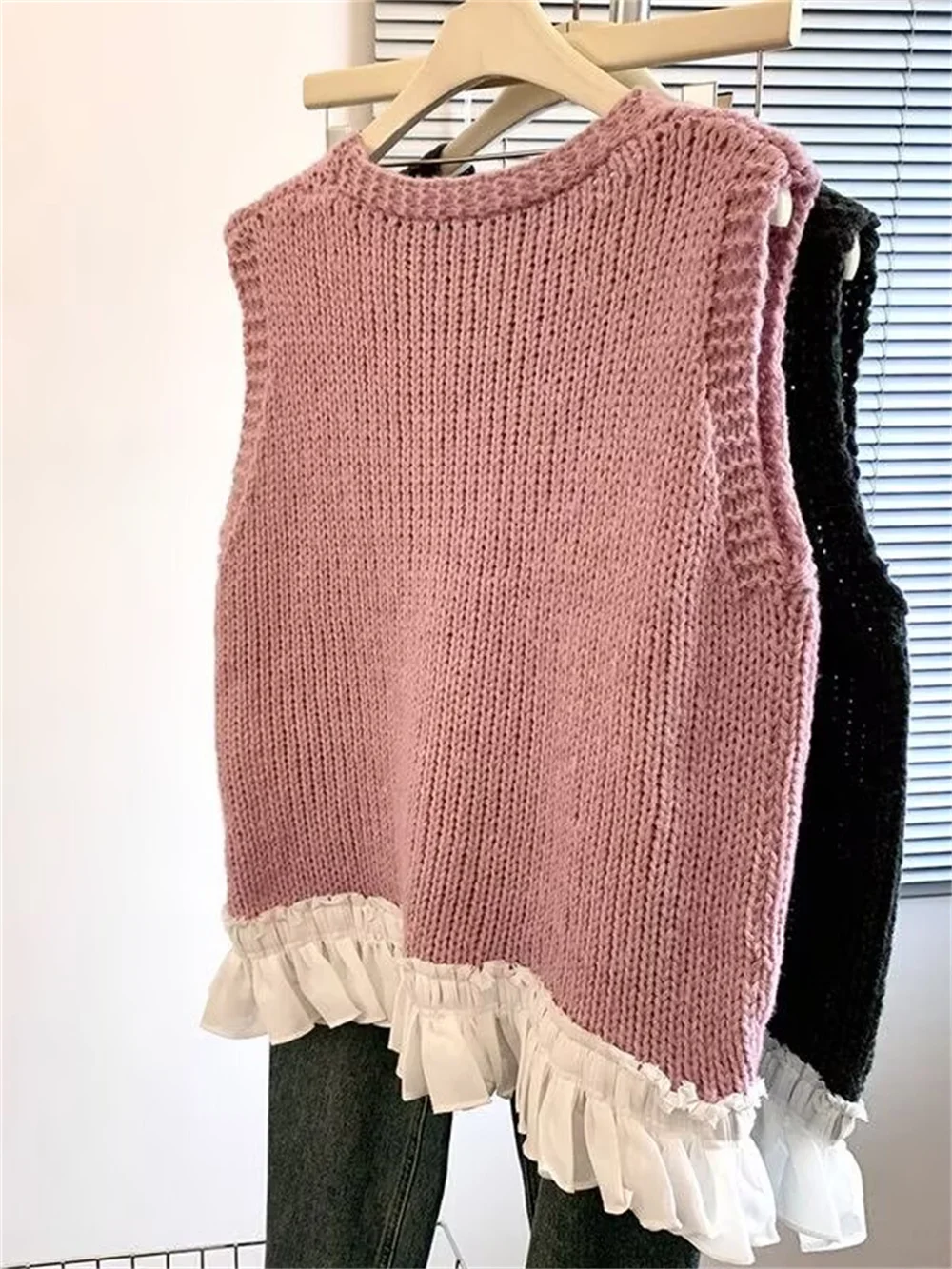2026年春秋新作 韓国ファッション ベスト フリルニットブラウス＆トップス レディース セーターベスト レディース服 ベーストップス