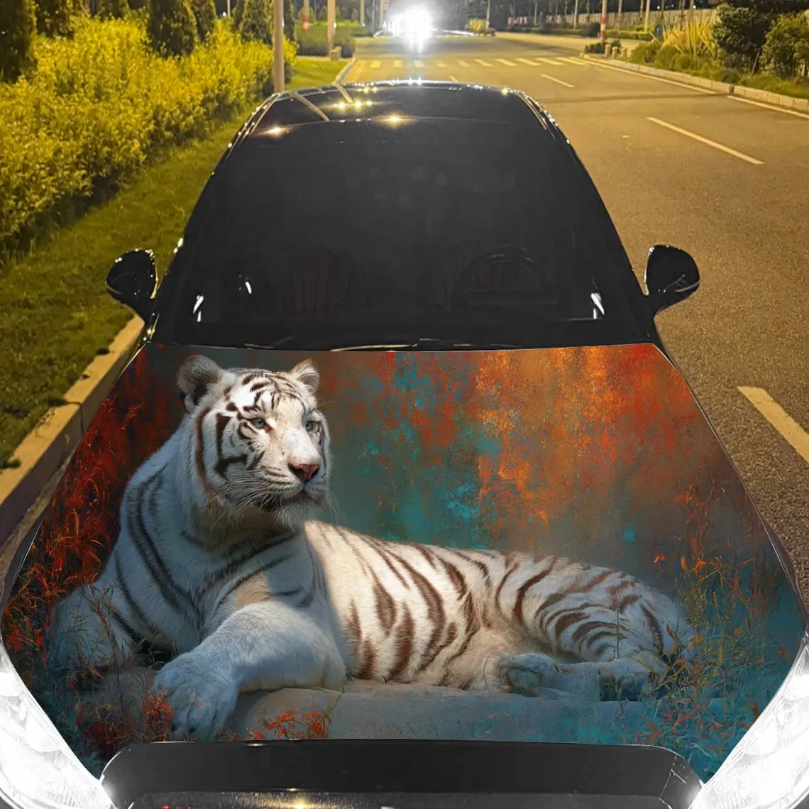 

Car Decals A White Tiger Delivering Graceful Posture And Artistic Flair In A Vibrant, Color - Washed Composition Car Hood Sticke
