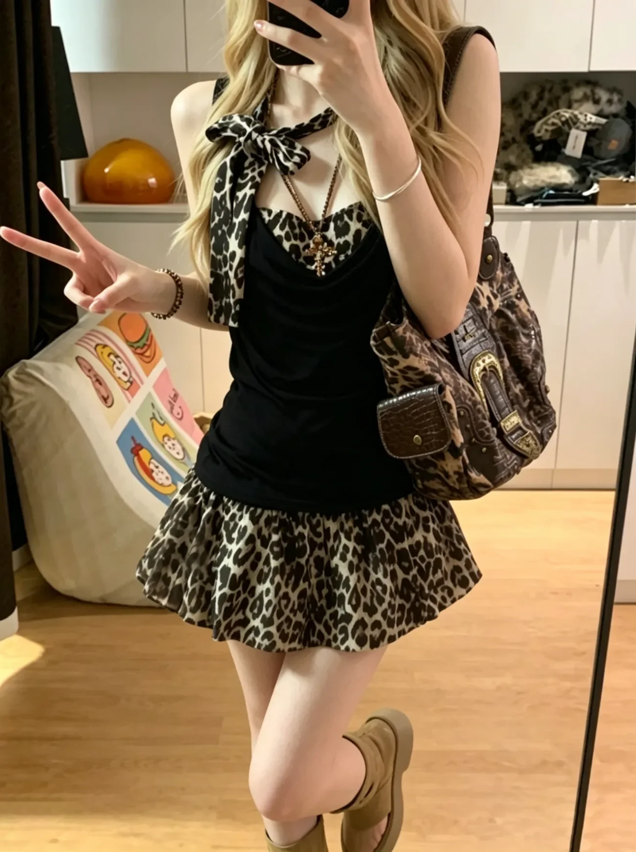Y2K Aesthetic Vintage Leopard Print 2Pc Set Women Cami Crop Top Ruffle Hem Mini Skirt Ruched Waist Slim Fit Casual Outfit