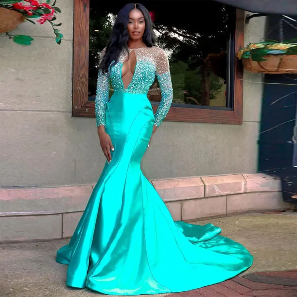 Africa Turquoise Mermaid Prom Dresses Sexy Chest Hollow Backless Long Sleeves Evening Gown Crystal Beads Formal Party Dress 2024