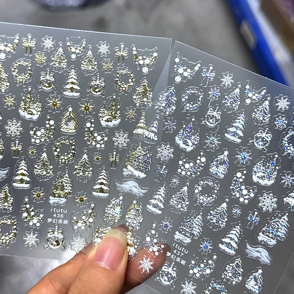

2Pcs Shiny Gold Silver Christmas Nail Art Sticker 5D Aurora Metal Snowflake Xmas Tree Nail Slider Decals New Year Festival Nails