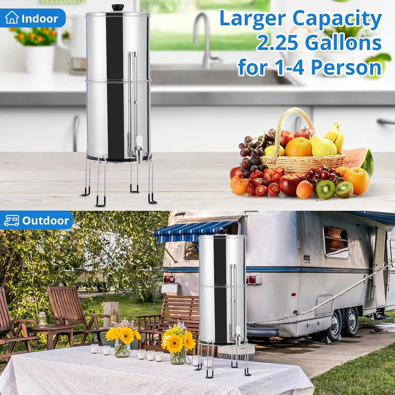 2.25G Camping Gravity-fed Water Filter System With 2 Black Carbon Filters, Stand and Metal Water Level Spigot, Upgraded System