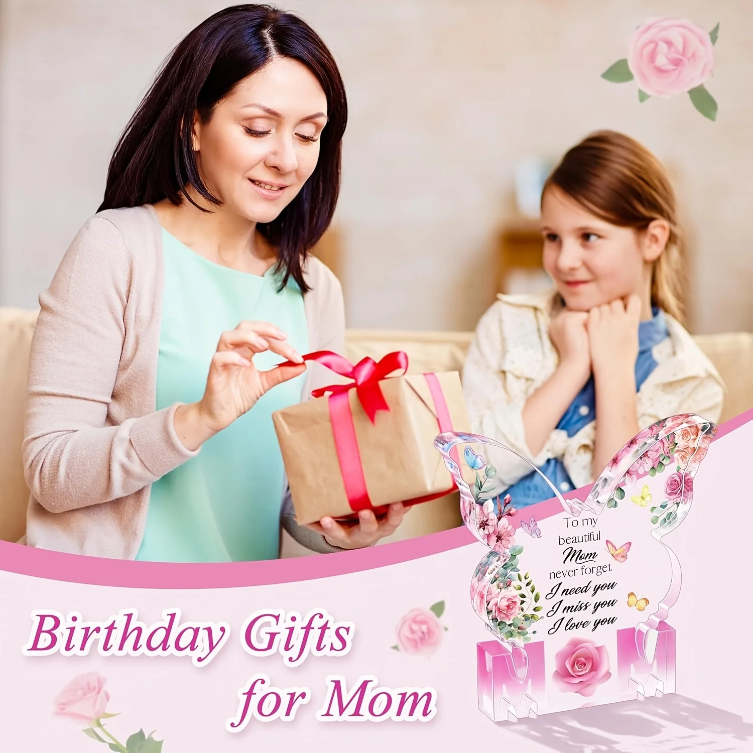 Gifts for Mom Birthday Gifts for Mom from Daughter Son Delicate Butterfly-Shaped Rose Acrylic Plaque Mom Present Thanksgiving