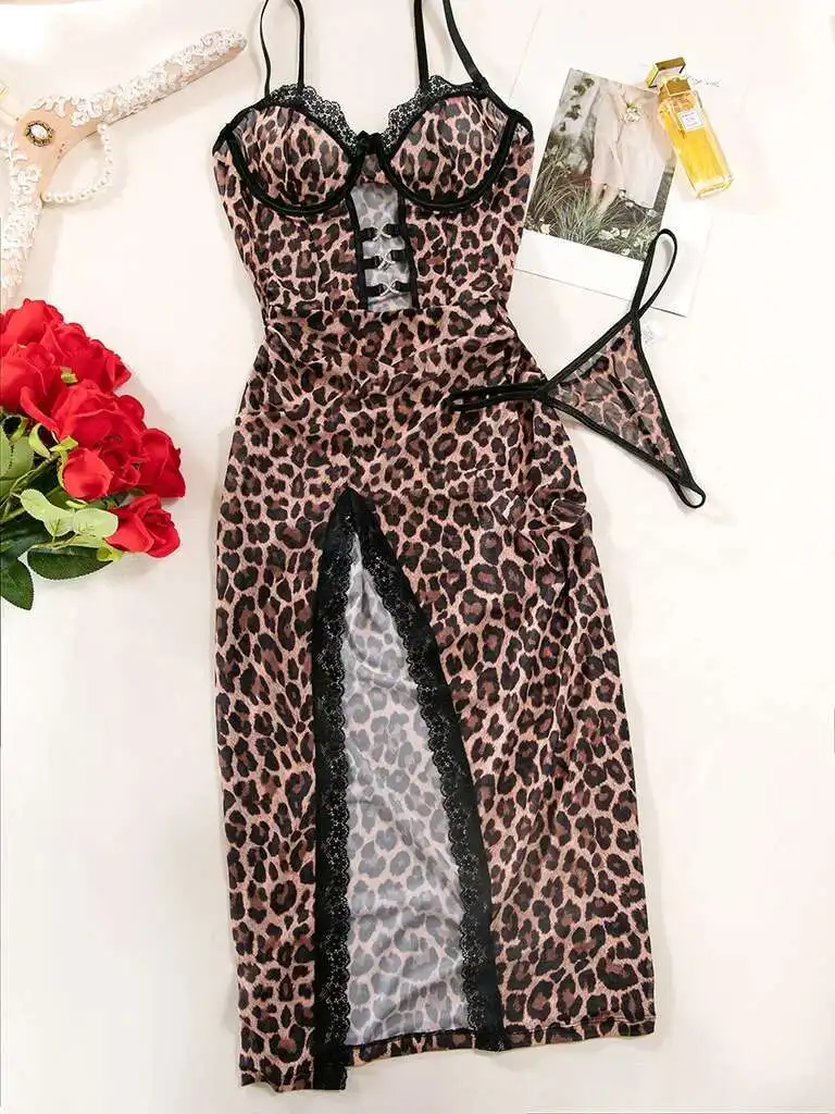 Sexy Leopard Print Sheer Dress Lace Trim Split Passionate Temptation  Backless Deep V Suspenders Sleeveless For Women Dress PHA5