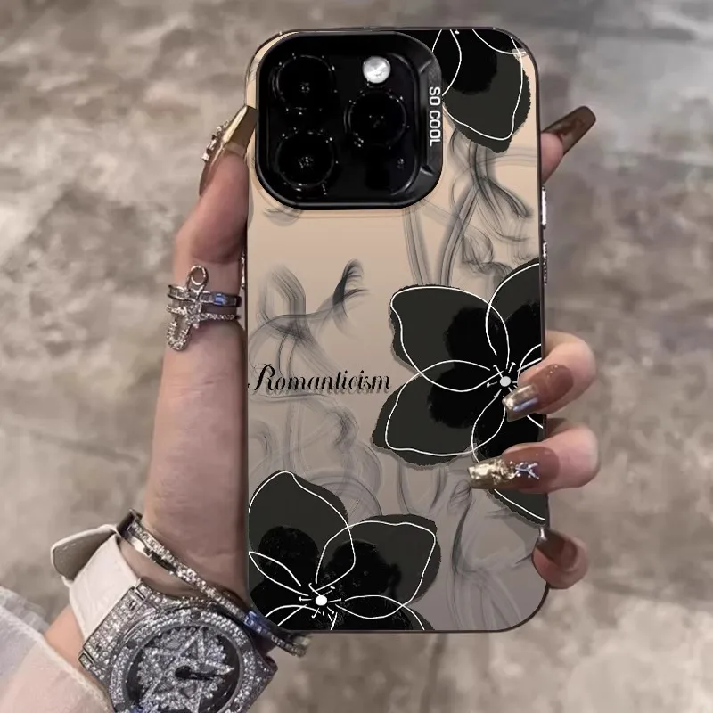 Laser Black Gold Camellia pattern armor phone case for iPhone 15 14 13 12 11 Pro Max Plus plating frame shockproof hard cover