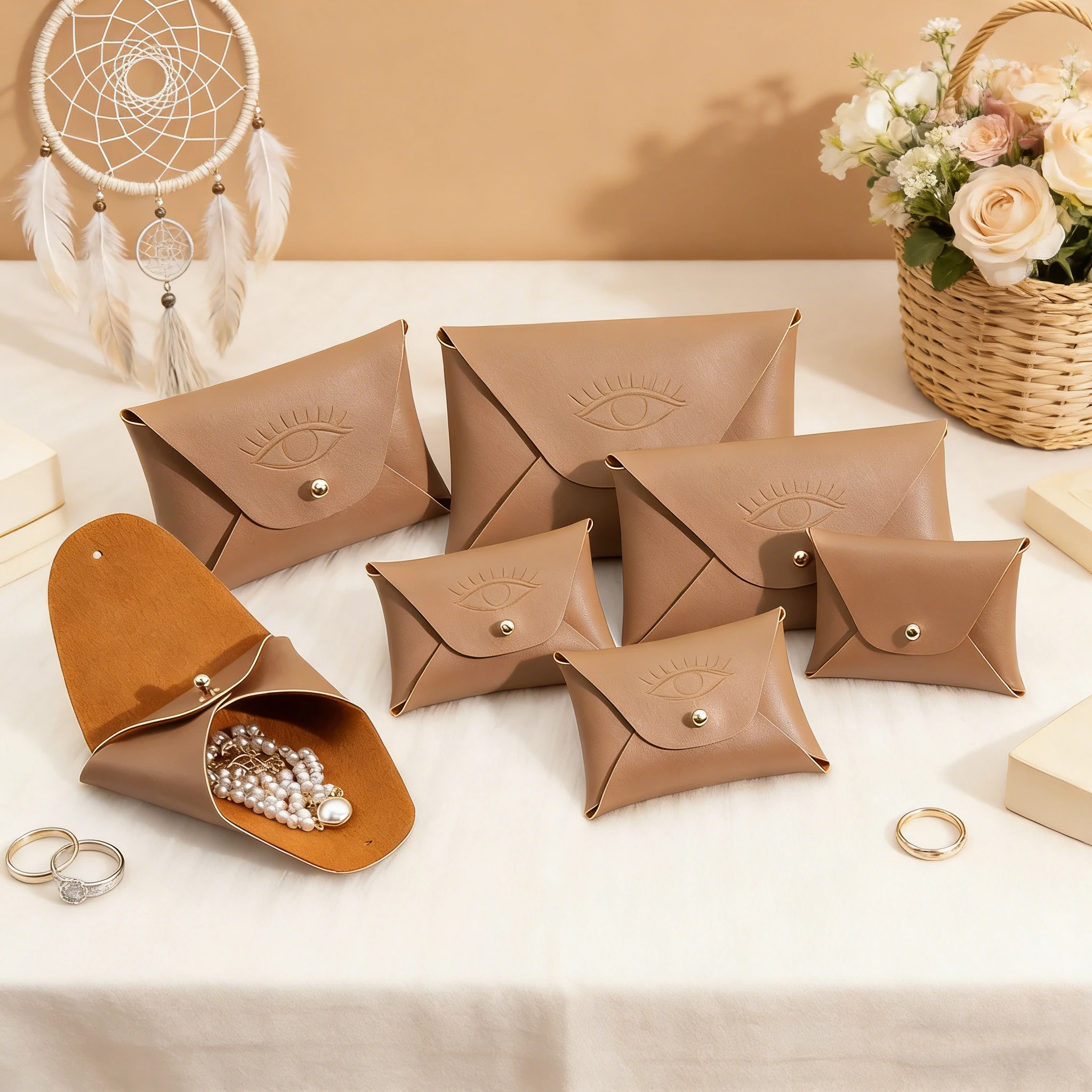 

Набор из 100 кожаных мешочков для хранения украшений (кофейный оттенок): модные чехлы для серег, ожерелий, колец, упаковка для ювелирных изделий, дорожный органайзер на кнопке