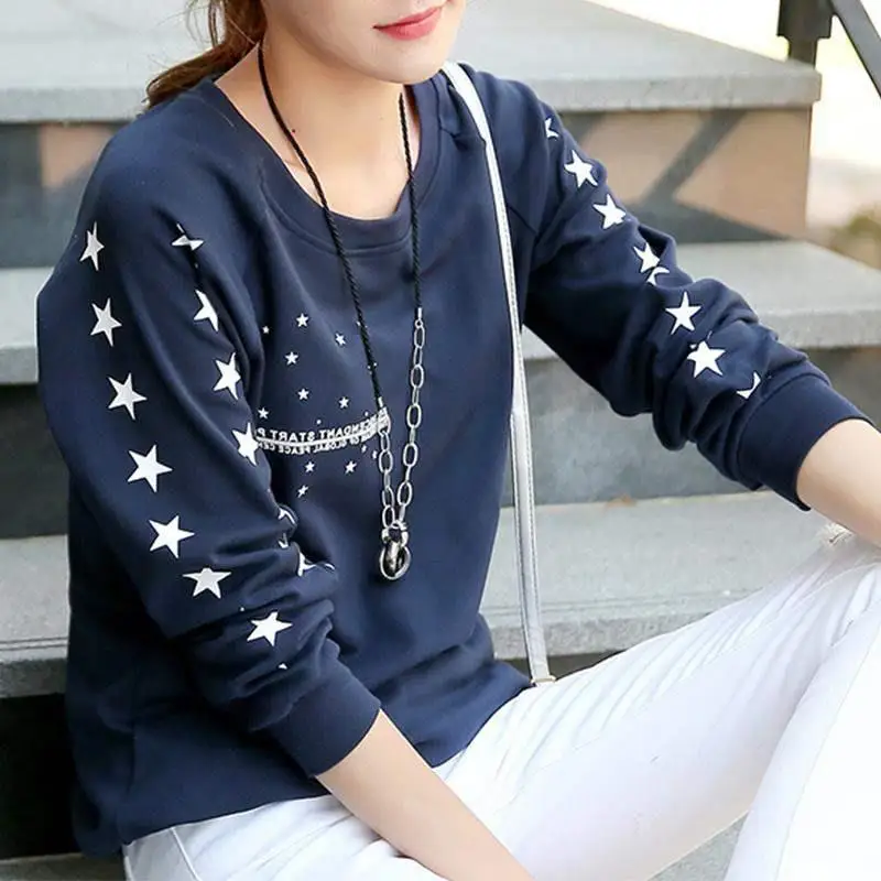 Autumn Winter Clothes 2023 Korean Five Pointed Star Letter Print Pullovers Fashion Crew Neck Dark Blue Loose Sweatshirts Lady