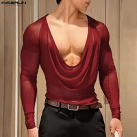 INCERUN, camiseta para hombre de malla transparente, camiseta Sexy de manga larga informal para hombre, camisetas para fiesta, club nocturno, ropa de calle, ropa de moda para hombre, S-5XL