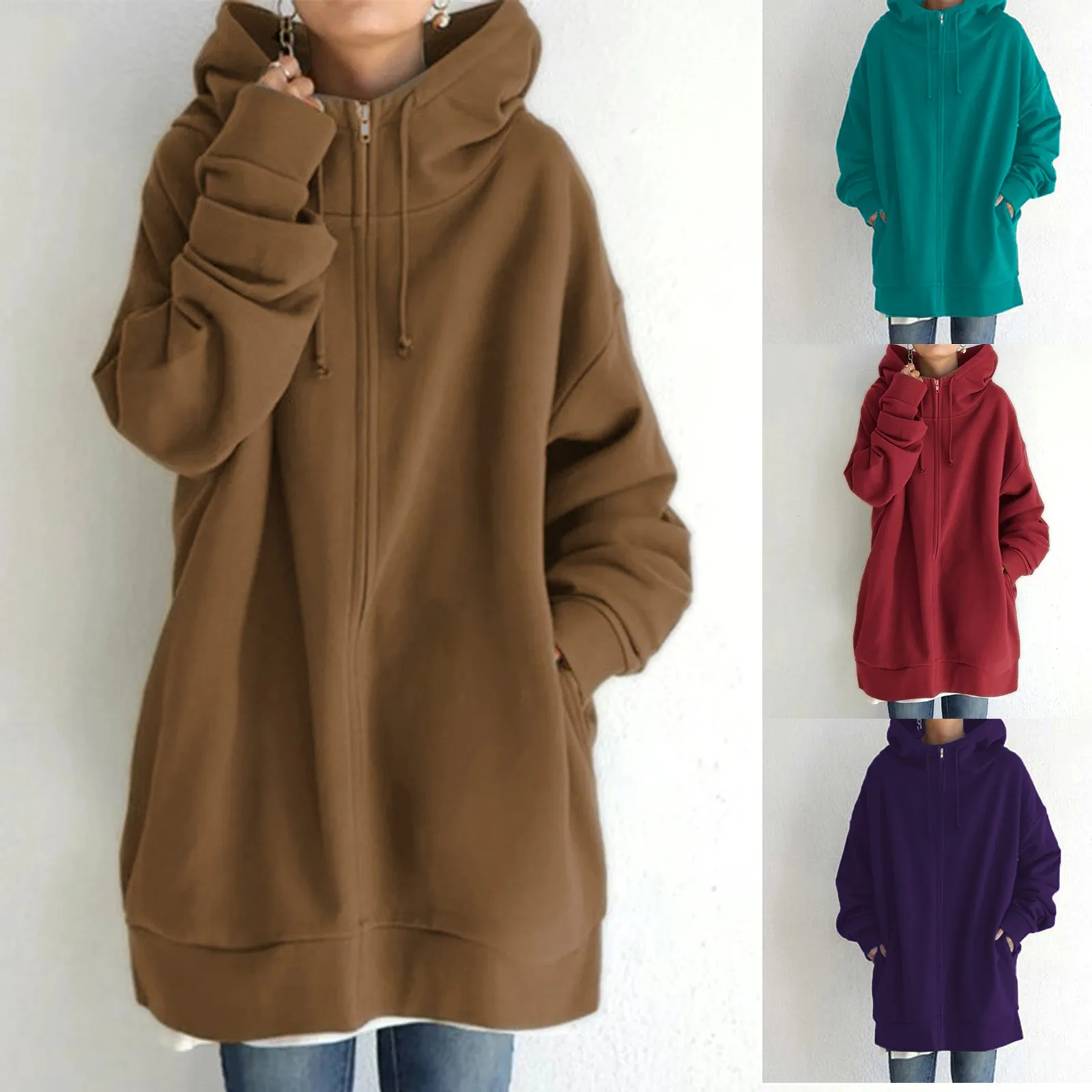 Women's Hooded Fleece Zipper Coat Autumn Winter Solid Color Long Sleeve Baggy Mid-Length Jackets With Pockets Elegant Outwear