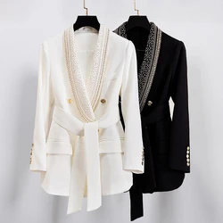 Spot Fall/Winter 2024 Fashion New Foil Foil Sheet Belt Shawl Collar Midi Women's Blazer Black & White