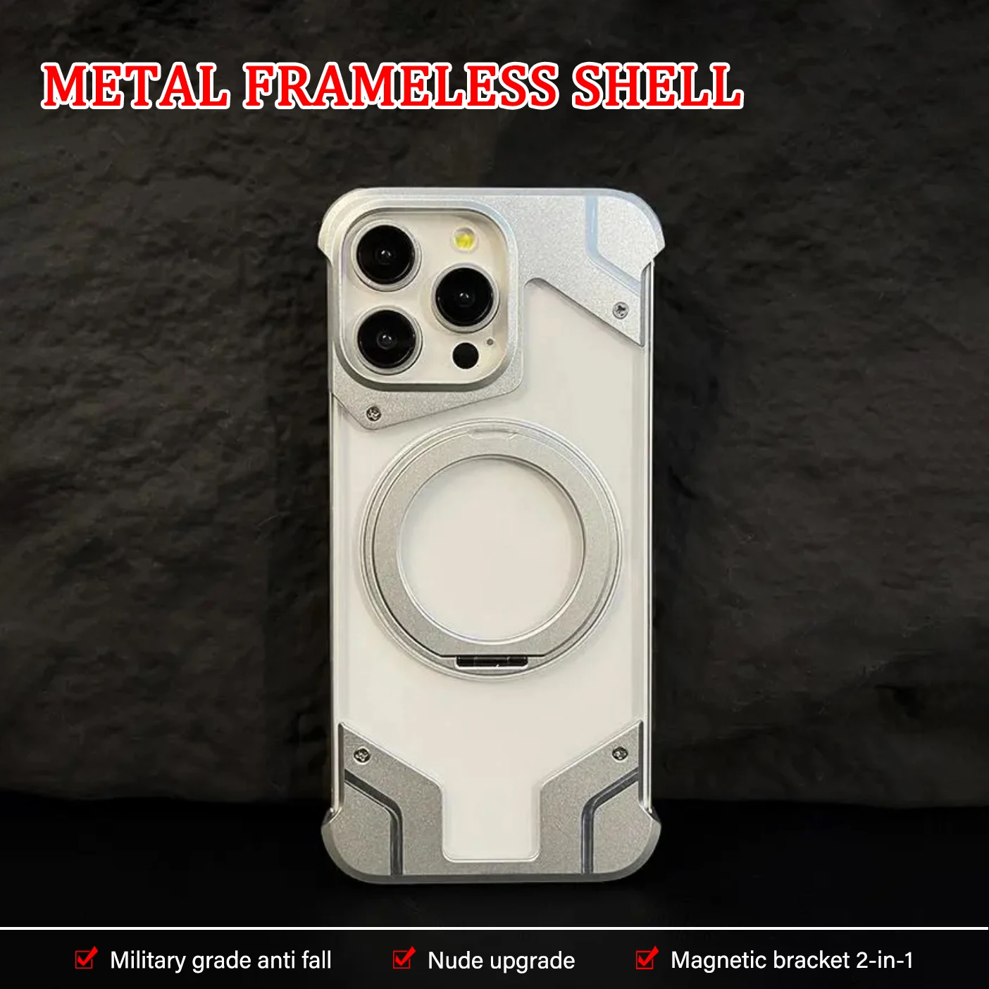 Magnetic Aluminum Alloy Rimless Phone Case For iPhone 14 13 15 Pro Max With Mag Ring Stand Transparent Acrylic Shockproof Cover