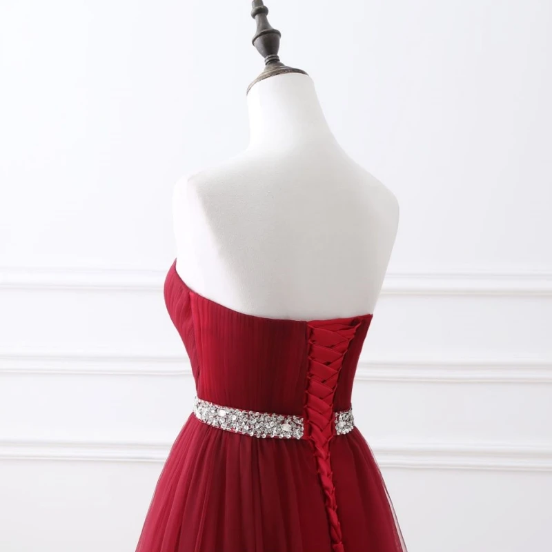 Burgundy Wedding Dress Tulle Diamond Belt Off Shoulder Sleeveless For Wedding Birthday Party Banquet Evening Gowns