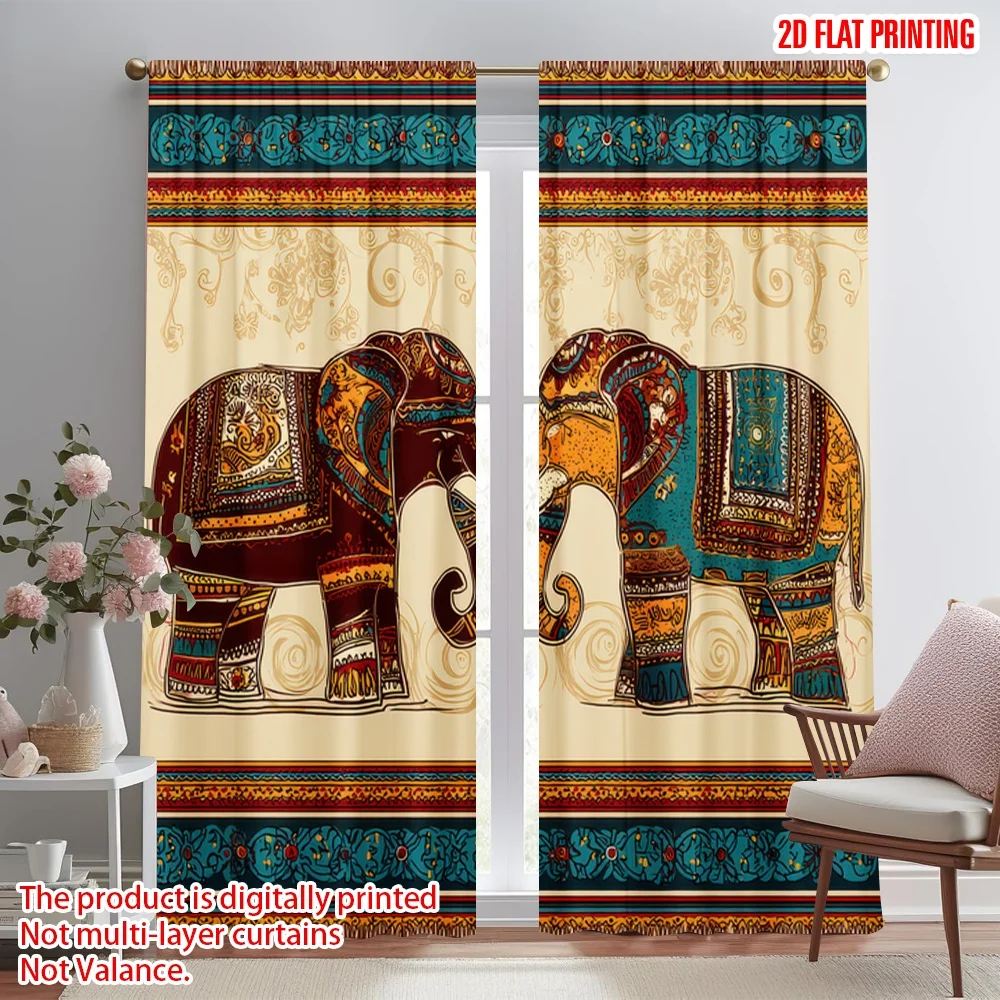

2D flat printing 2pcs Curtains Colorful Elephants Digital Printed Polyester Drapes Birthday Party Use for Festive and Winter