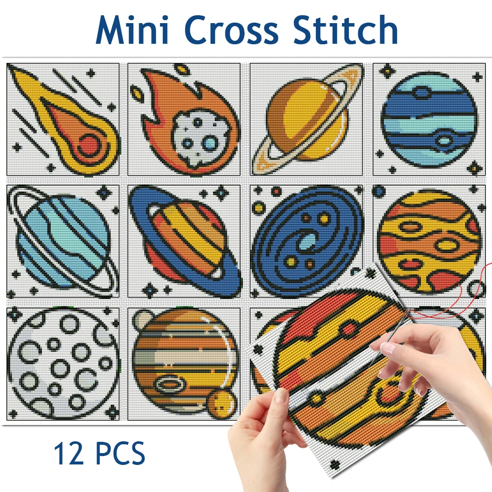 Evershine Multi-piece Mini Cross Stitch Planet Pattern Printed Canvas 12pcs Cross Stitch Kit Earth Design Unique DIY Handicraft