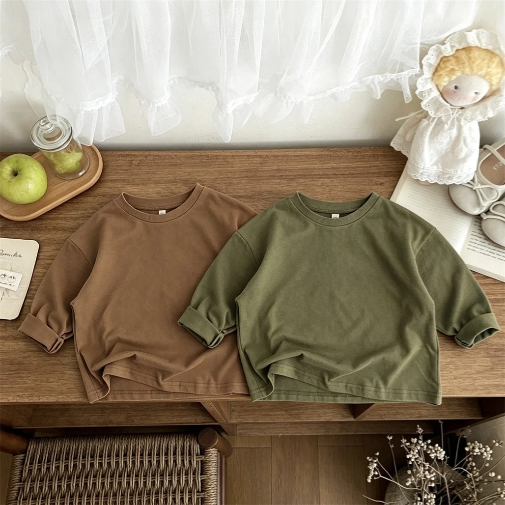 Round Neck Pullovers 2 3 4 5 6 7Years Old Small Child Spring Summer T-shirt New Design Solid Color All-match Long-sleeved Tops