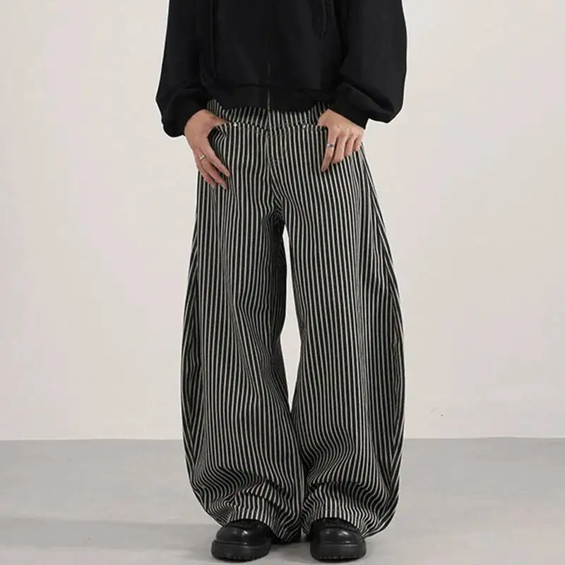 IEFB الخريف سراويل تقليدية رجالية شريط عمودي واسعة الساق جيب التباين اللون الرجالي فضفاض خمر سكين منحني أسفل 9W4187