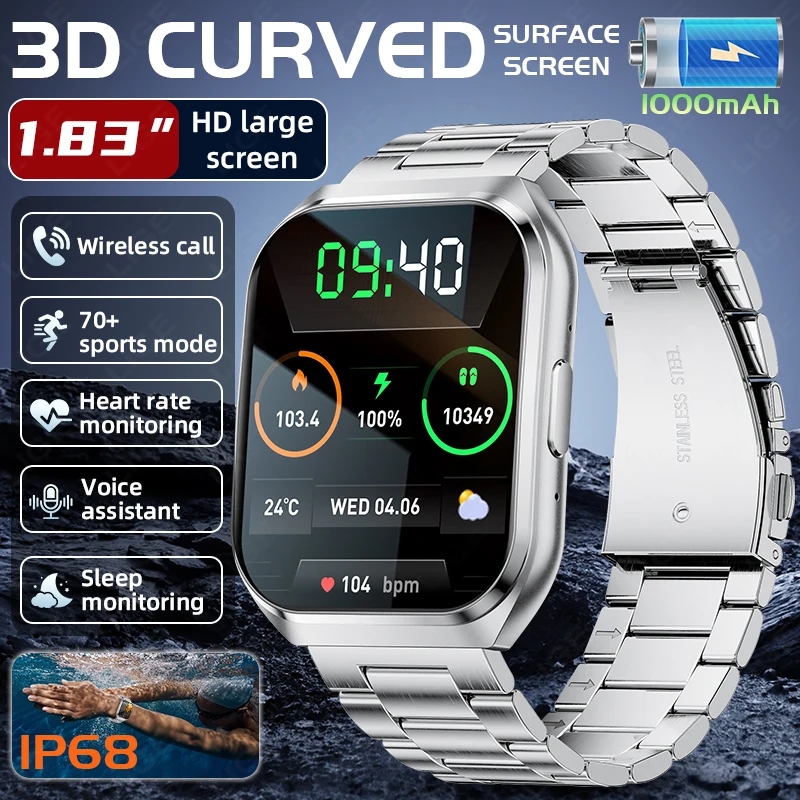 

LIGE New Rugged Durable 1000mAh Battery Smart Watch 3D Curved Surface Screen Outdoor Waterproof Sports Health Monitor Smartwatch