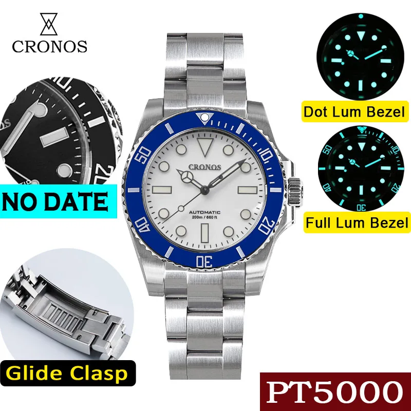 Cronos Sub Diver Men Watch Black&White No Date PT5000 Bracelet Ceramic Rotating Bezel 200 meters Water Resistant reloj hombre