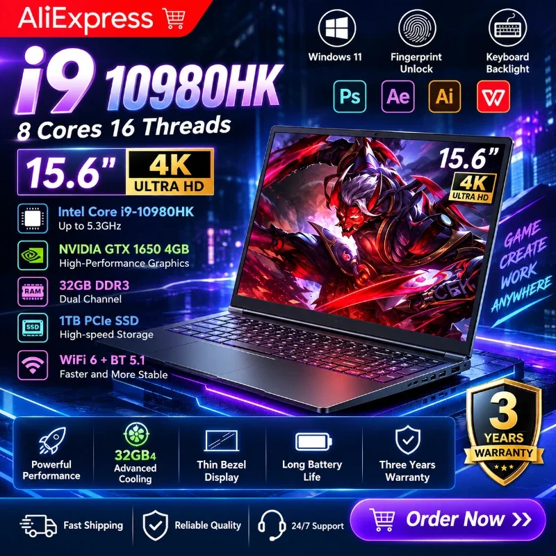 15.6" Gaming Laptop intel Core i9 10980HK  Notebook PC Gamer 16GB RAM 1TB 2TB SSD IPS 1920*1080 Fingerprint Computer