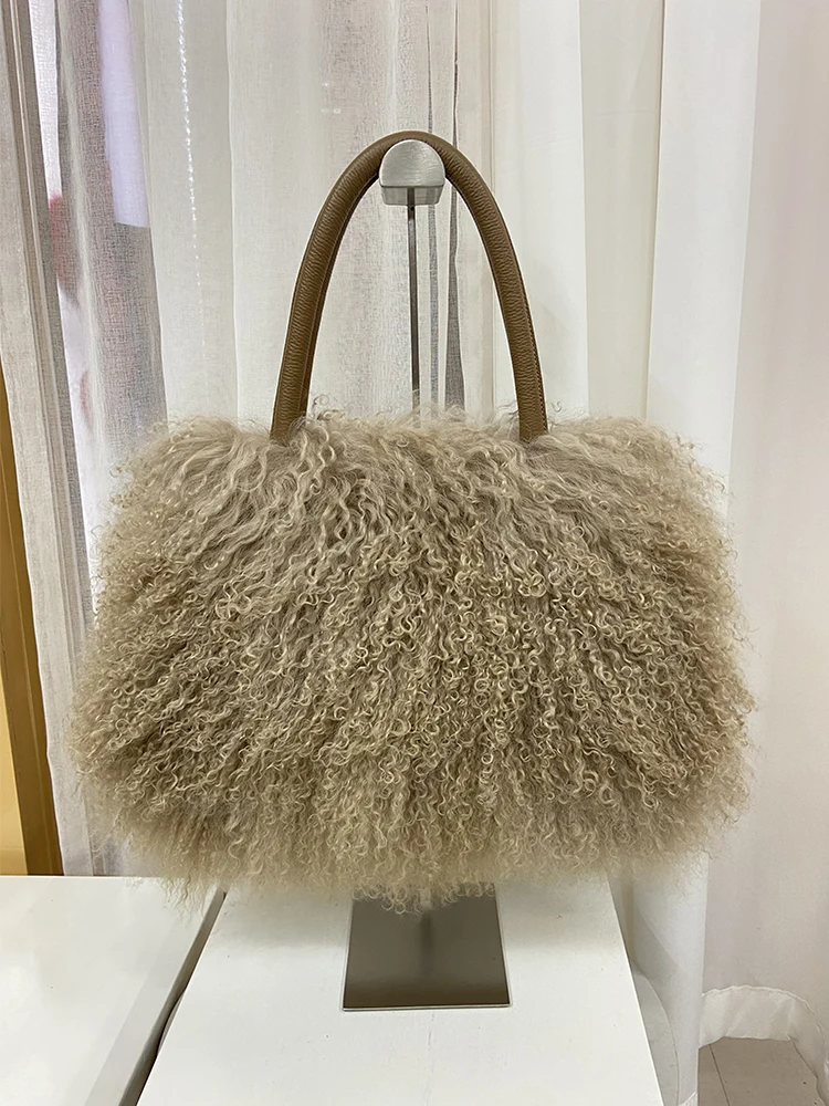 Women Fashion Natural Real Mongolia Sheep Fur Bag Real Fur Handbag Ladies Full Pelt Fur Genuine Leather Big Capacity Mummy Bag