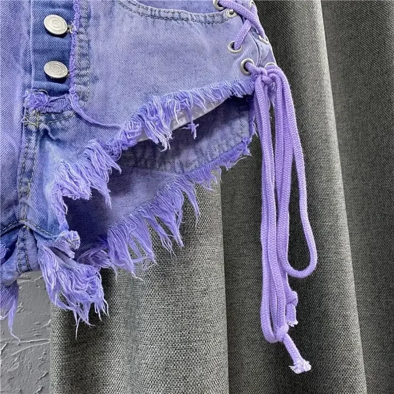 2024 verão novo feminino roxo shorts moda sexy baixo aumento único breasted a linha denim shorts com alça calças quentes femininas