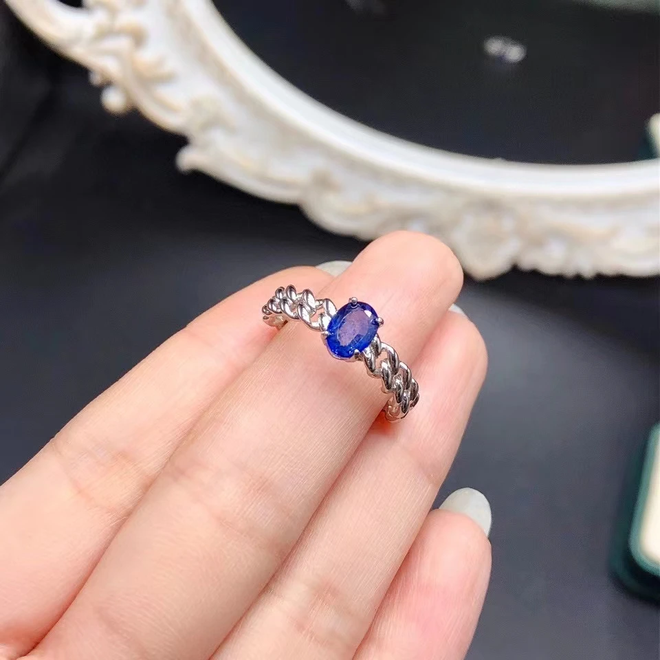 Royal Blue Sapphire Ring for Engagement 5mm*7mm 0.7ct Natural Sapphire Silver Ring with 3 Layers 18K Gold Mplated